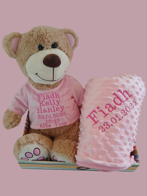 Personalised Luxury Blanket & Teddy Hamper - Pink or Blue