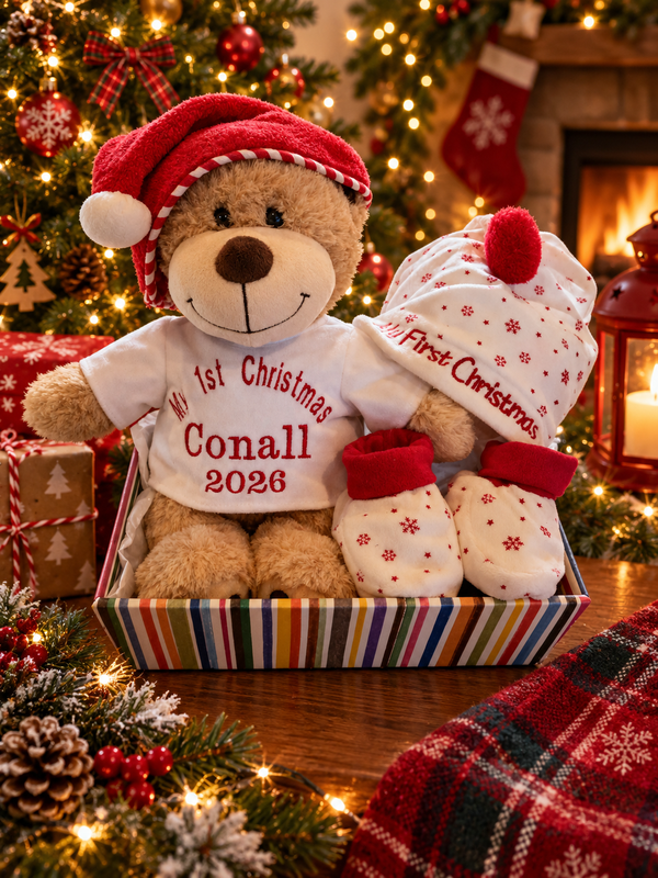 My First Christmas Hamper With Personalised Bear & Baby's Hat & Booties
